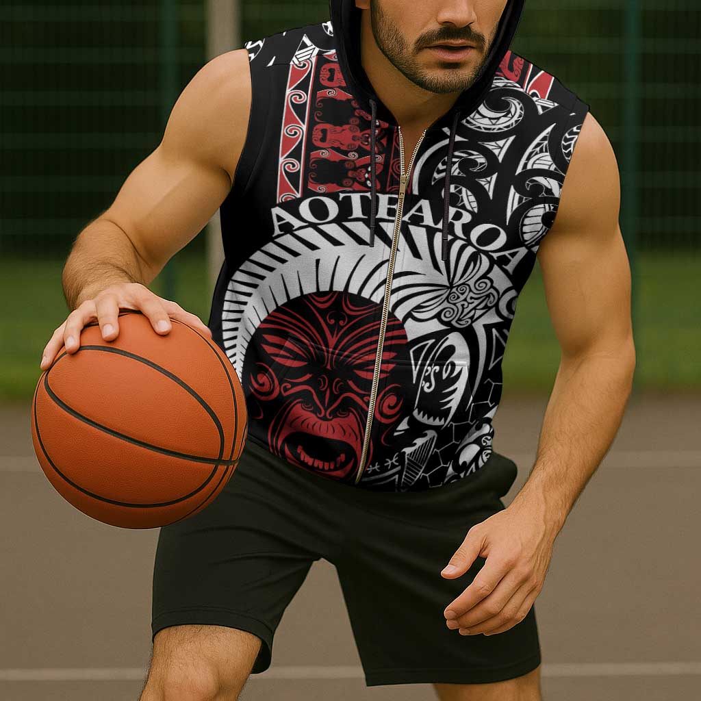 Honour The Treaty New Zealand Personalised Sleeveless Zip Hoodie Toitu Te Tiriti Indigenous Maori Face - Aussie Hoodie