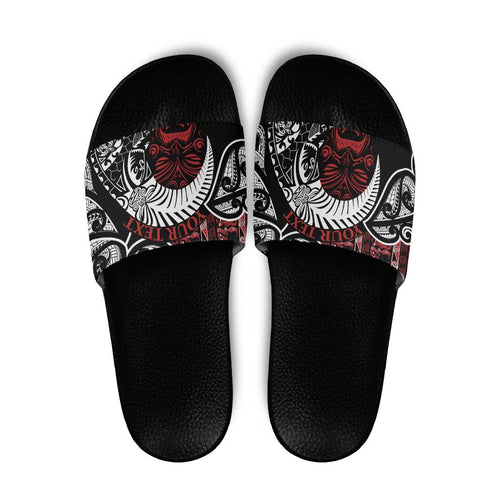 Honour The Treaty New Zealand Personalised Slide Sandals Toitu Te Tiriti Indigenous Maori Face - Aussie Hoodie