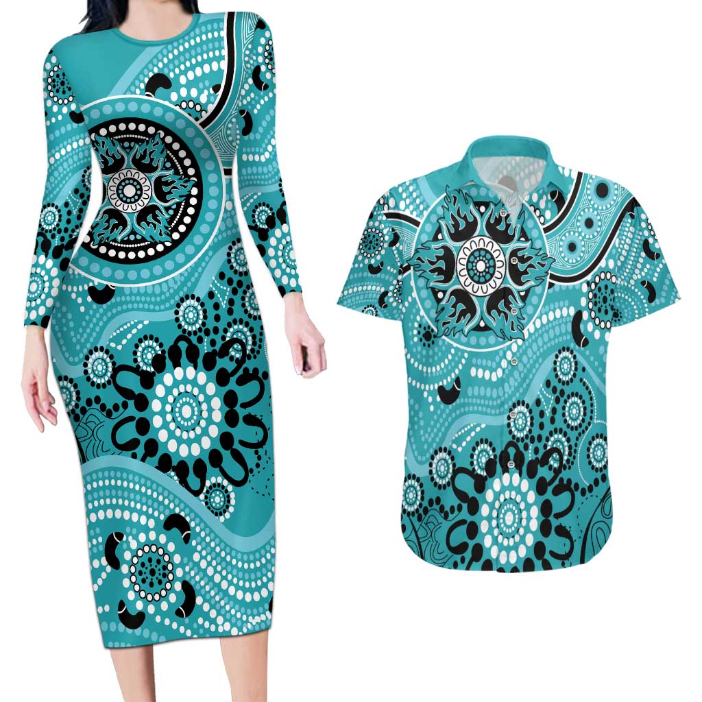 Heat Cricket Custom Couples Matching Long Sleeve Bodycon Dress and Hawaiian Shirt Australian Aboriginal