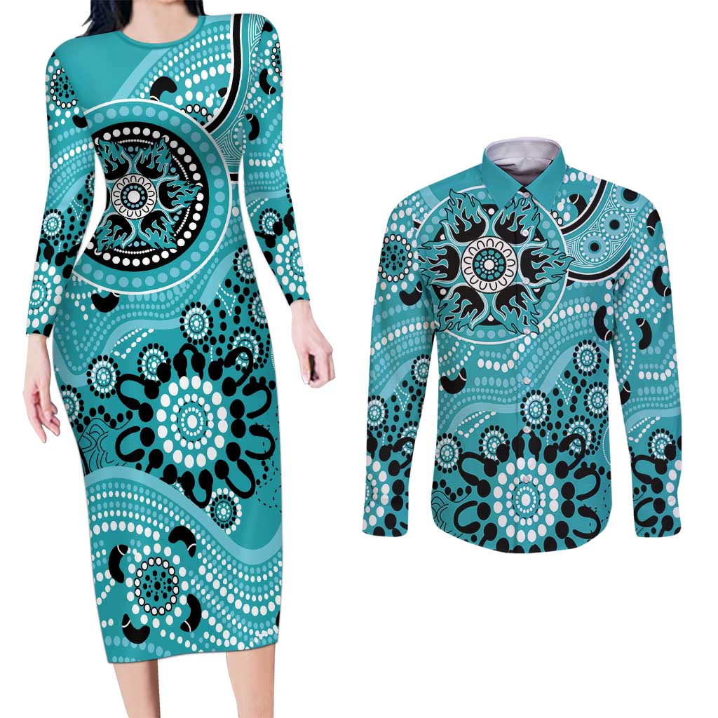 Heat Cricket Custom Couples Matching Long Sleeve Bodycon Dress and Long Sleeve Button Shirt Australian Aboriginal