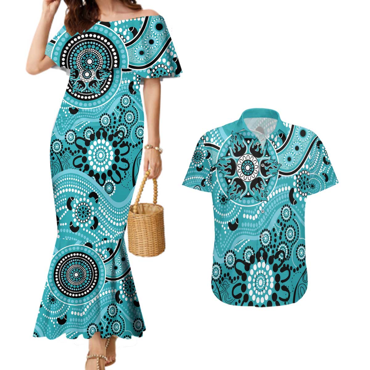 Heat Cricket Custom Couples Matching Mermaid Dress and Hawaiian Shirt Australian Aboriginal