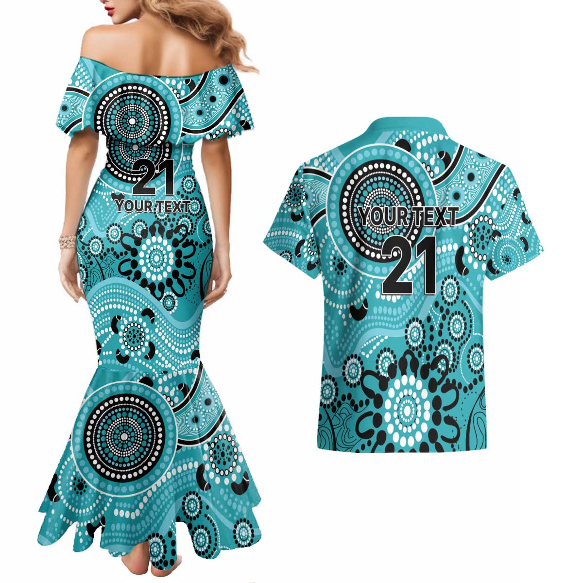 Heat Cricket Custom Couples Matching Mermaid Dress and Hawaiian Shirt Australian Aboriginal