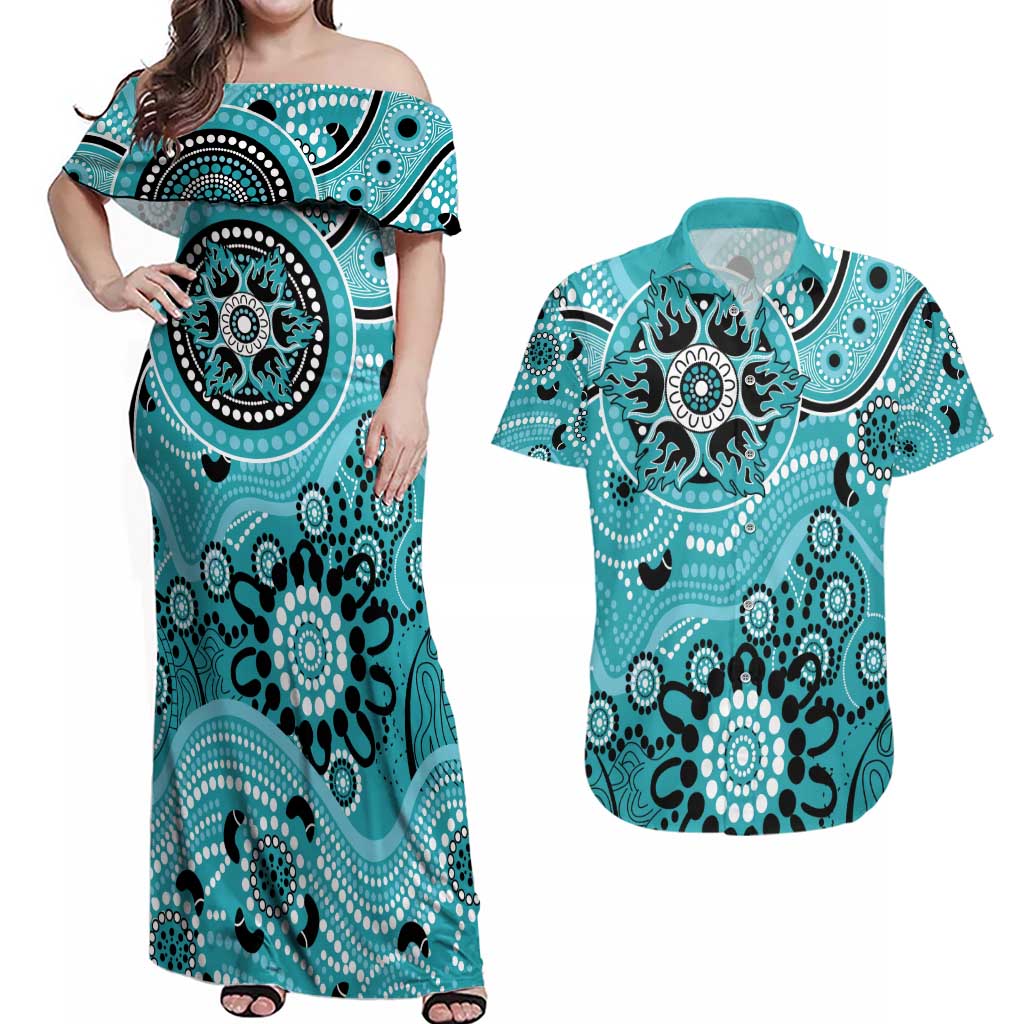 Heat Cricket Custom Couples Matching Off Shoulder Maxi Dress and Hawaiian Shirt Australian Aboriginal