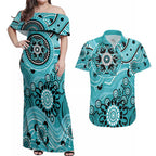 Heat Cricket Custom Couples Matching Off Shoulder Maxi Dress and Hawaiian Shirt Australian Aboriginal
