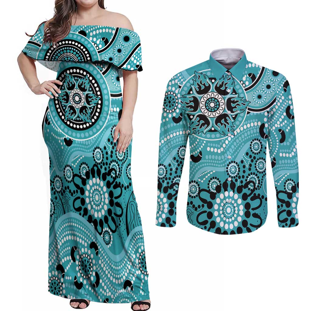 Heat Cricket Custom Couples Matching Off Shoulder Maxi Dress and Long Sleeve Button Shirt Australian Aboriginal