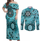 Heat Cricket Custom Couples Matching Off Shoulder Maxi Dress and Long Sleeve Button Shirt Australian Aboriginal