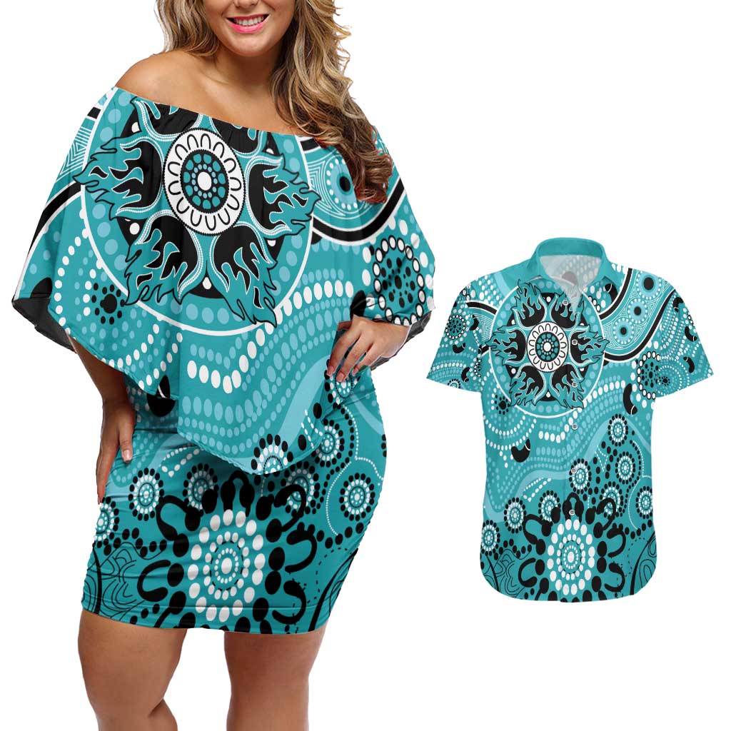 Heat Cricket Custom Couples Matching Off Shoulder Short Dress and Hawaiian Shirt Australian Aboriginal