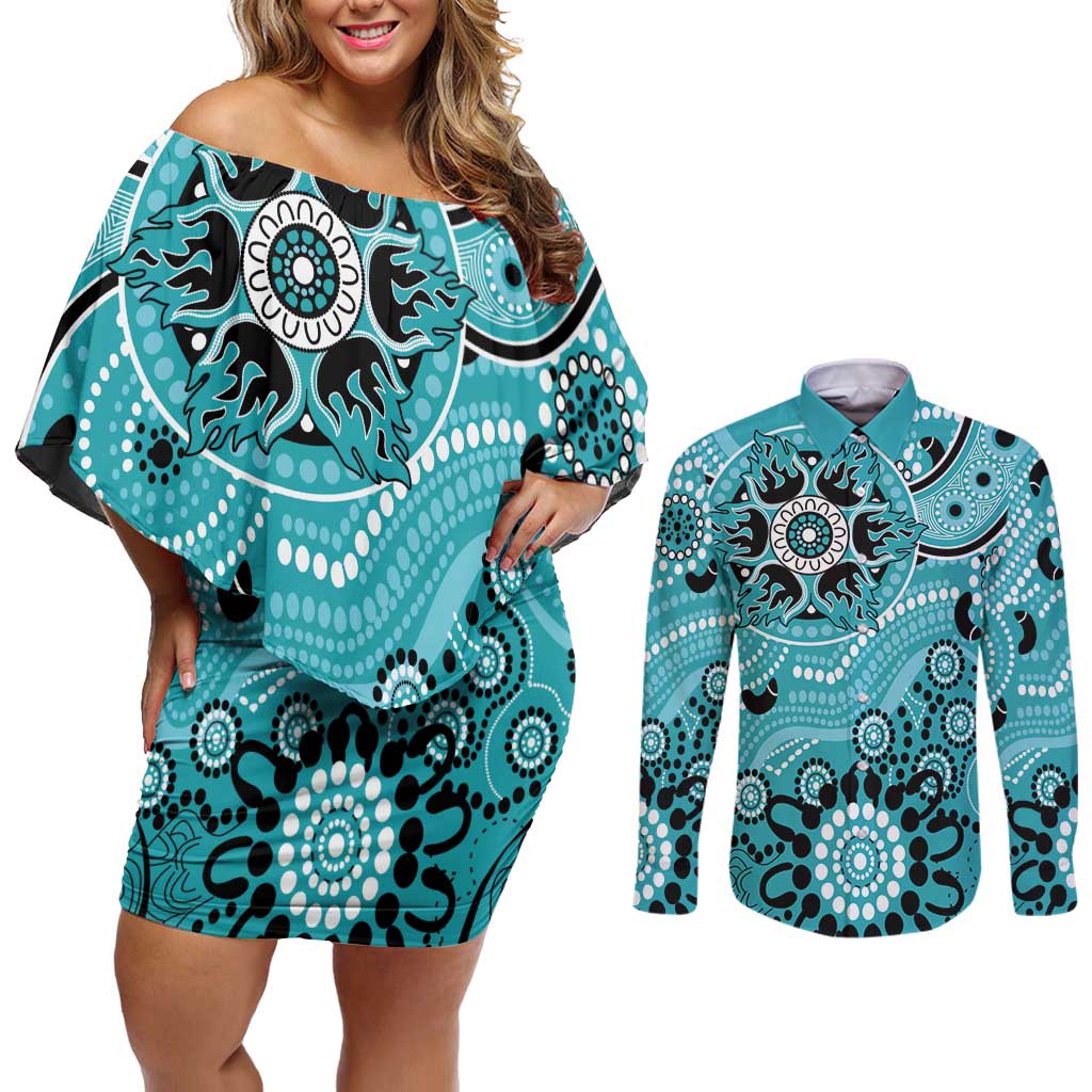 Heat Cricket Custom Couples Matching Off Shoulder Short Dress and Long Sleeve Button Shirt Australian Aboriginal