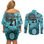 Heat Cricket Custom Couples Matching Off Shoulder Short Dress and Long Sleeve Button Shirt Australian Aboriginal
