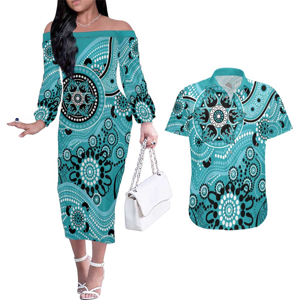 Heat Cricket Custom Couples Matching Off The Shoulder Long Sleeve Dress and Hawaiian Shirt Australian Aboriginal