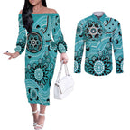 Heat Cricket Custom Couples Matching Off The Shoulder Long Sleeve Dress and Long Sleeve Button Shirt Australian Aboriginal