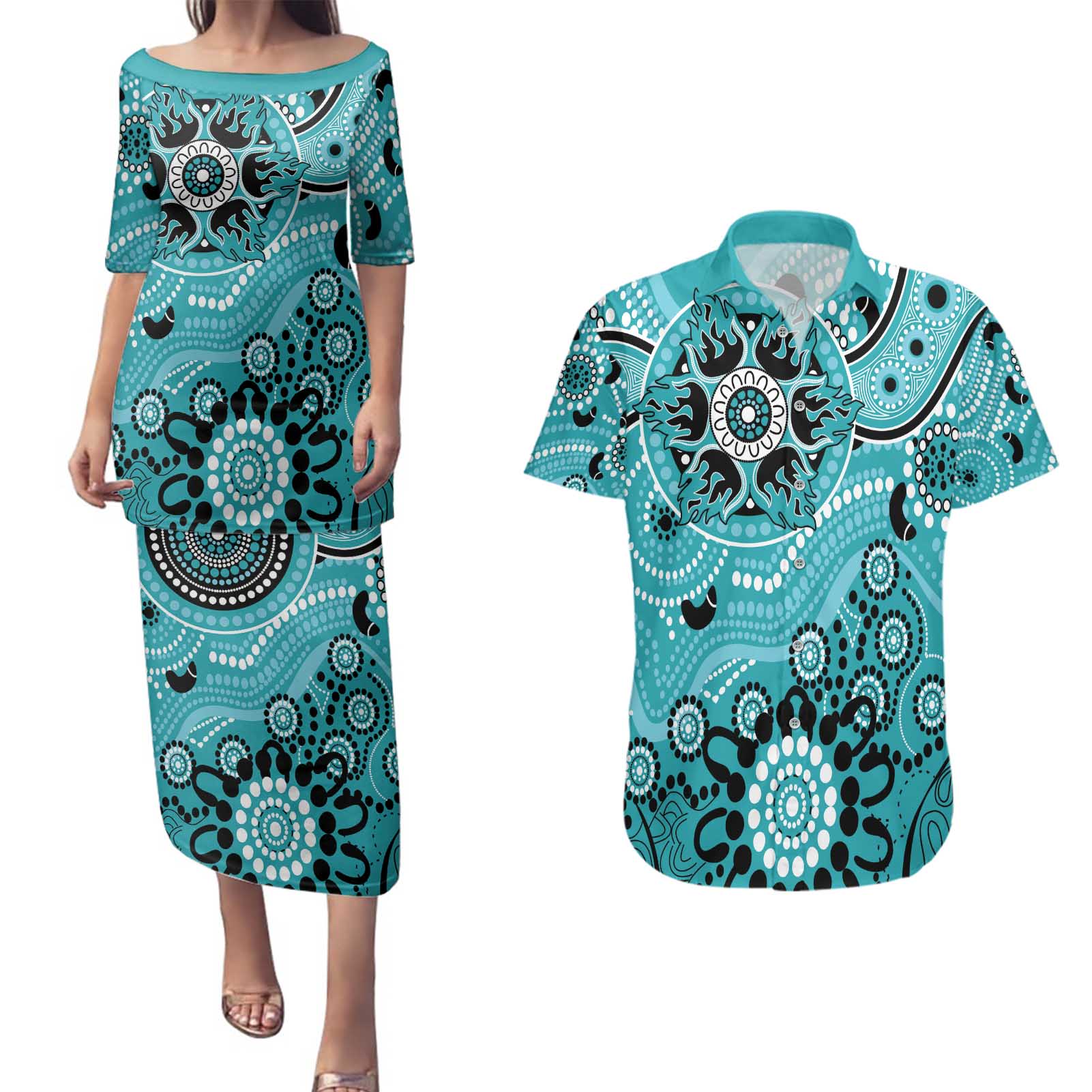 Heat Cricket Custom Couples Matching Puletasi and Hawaiian Shirt Australian Aboriginal