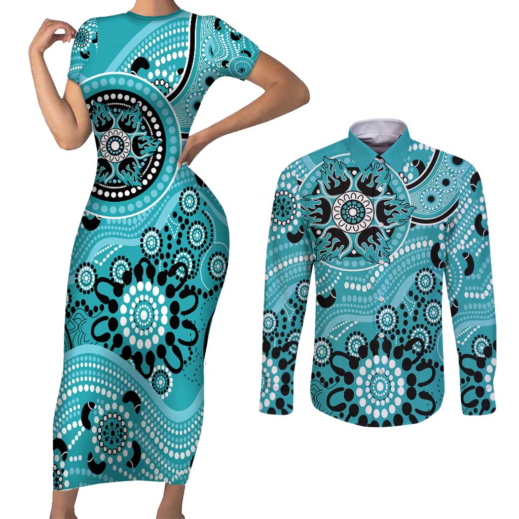 Heat Cricket Custom Couples Matching Short Sleeve Bodycon Dress and Long Sleeve Button Shirt Australian Aboriginal