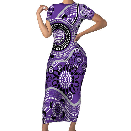 Hurricanes Cricket Custom Family Matching Short Sleeve Bodycon Dress and Hawaiian Shirt Australian Aboriginal