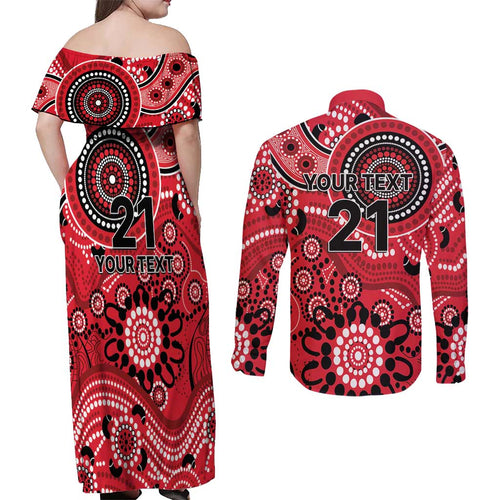 Renegades Cricket Custom Couples Matching Off Shoulder Maxi Dress and Long Sleeve Button Shirt Australian Aboriginal