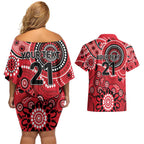 Renegades Cricket Custom Couples Matching Off Shoulder Short Dress and Hawaiian Shirt Australian Aboriginal