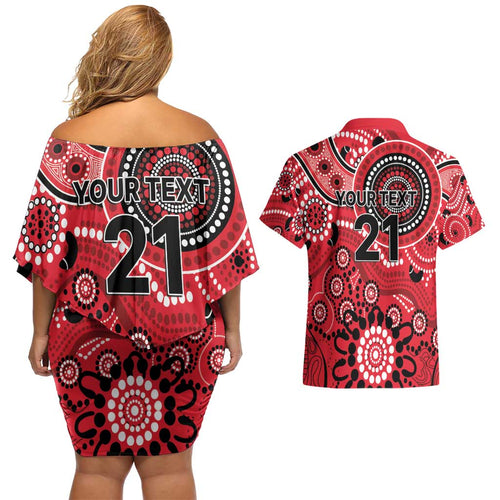 Renegades Cricket Custom Couples Matching Off Shoulder Short Dress and Hawaiian Shirt Australian Aboriginal