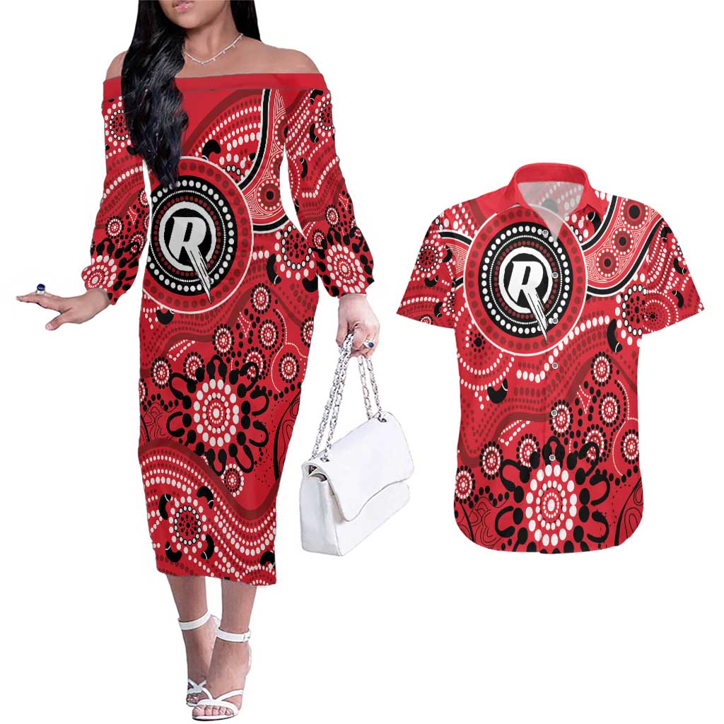 Renegades Cricket Custom Couples Matching Off The Shoulder Long Sleeve Dress and Hawaiian Shirt Australian Aboriginal