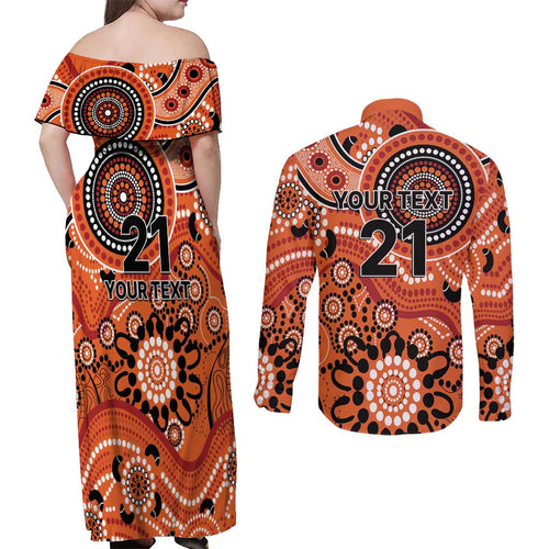 Scorchers Cricket Custom Couples Matching Off Shoulder Maxi Dress and Long Sleeve Button Shirt Australian Aboriginal