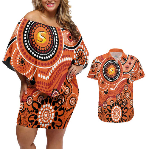 Scorchers Cricket Custom Couples Matching Off Shoulder Short Dress and Hawaiian Shirt Australian Aboriginal