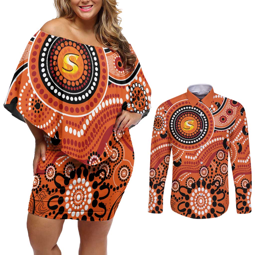Scorchers Cricket Custom Couples Matching Off Shoulder Short Dress and Long Sleeve Button Shirt Australian Aboriginal