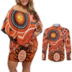 Scorchers Cricket Custom Couples Matching Off Shoulder Short Dress and Long Sleeve Button Shirt Australian Aboriginal
