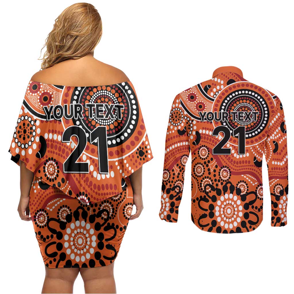 Scorchers Cricket Custom Couples Matching Off Shoulder Short Dress and Long Sleeve Button Shirt Australian Aboriginal