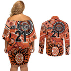 Scorchers Cricket Custom Couples Matching Off Shoulder Short Dress and Long Sleeve Button Shirt Australian Aboriginal