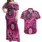 Sixers Cricket Custom Couples Matching Off Shoulder Maxi Dress and Hawaiian Shirt Australian Aboriginal