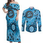 Strikers Cricket Custom Couples Matching Off Shoulder Maxi Dress and Long Sleeve Button Shirt Australian Aboriginal
