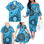Strikers Cricket Custom Family Matching Off The Shoulder Long Sleeve Dress and Hawaiian Shirt Australian Aboriginal