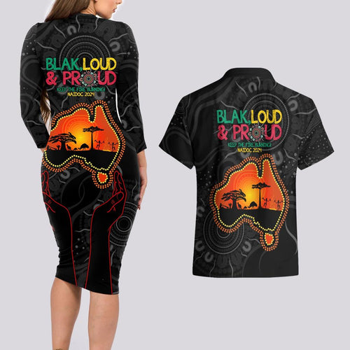 Blak Loud and Proud NAIDOC 2024 Couples Matching Long Sleeve Bodycon Dress and Hawaiian Shirt Indigenous Aboriginal