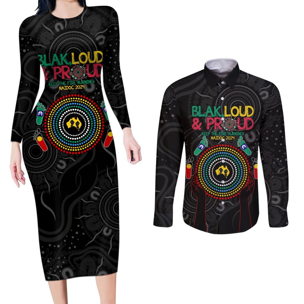 Blak Loud and Proud NAIDOC 2024 Couples Matching Long Sleeve Bodycon Dress and Long Sleeve Button Shirt Indigenous Aboriginal