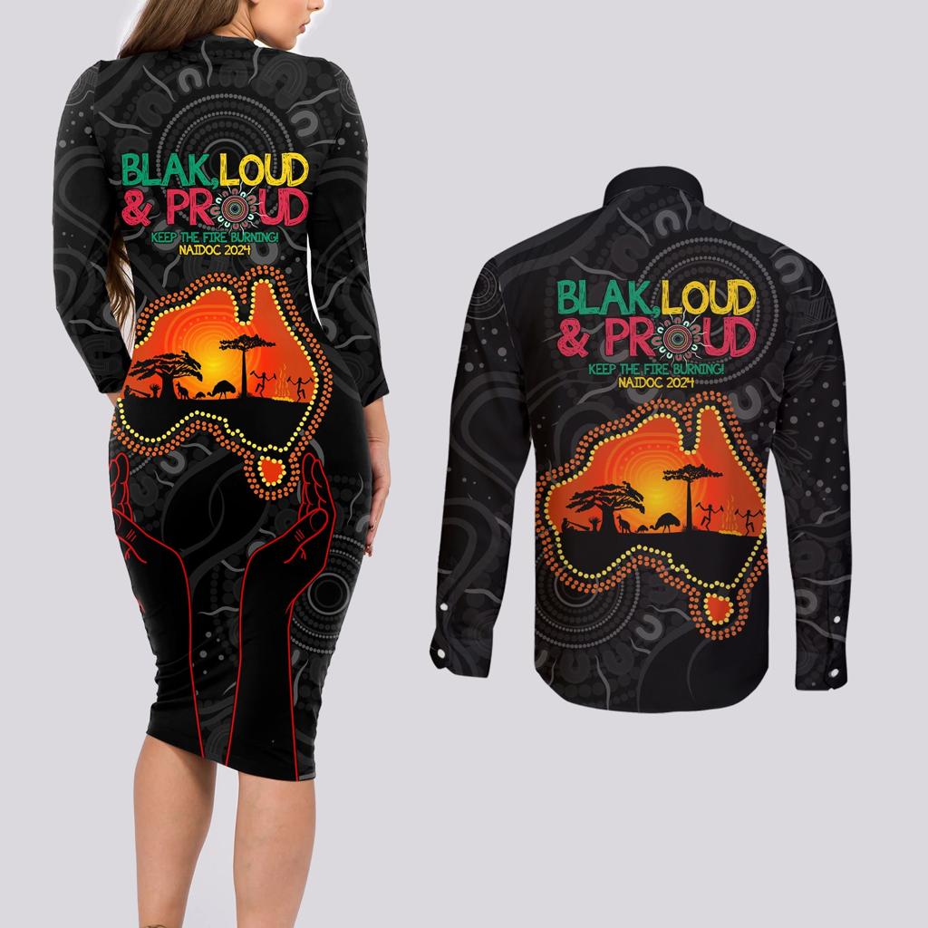 Blak Loud and Proud NAIDOC 2024 Couples Matching Long Sleeve Bodycon Dress and Long Sleeve Button Shirt Indigenous Aboriginal