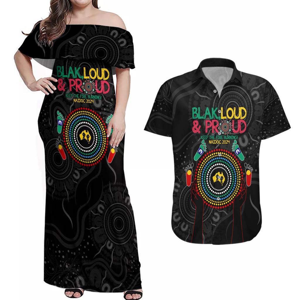 Blak Loud and Proud NAIDOC 2024 Couples Matching Off Shoulder Maxi Dress and Hawaiian Shirt Indigenous Aboriginal