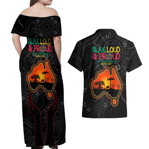Blak Loud and Proud NAIDOC 2024 Couples Matching Off Shoulder Maxi Dress and Hawaiian Shirt Indigenous Aboriginal