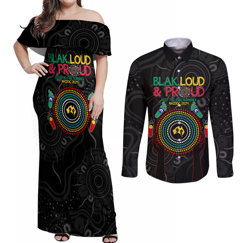 Blak Loud and Proud NAIDOC 2024 Couples Matching Off Shoulder Maxi Dress and Long Sleeve Button Shirt Indigenous Aboriginal