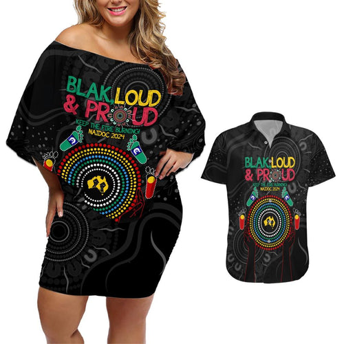 Blak Loud and Proud NAIDOC 2024 Couples Matching Off Shoulder Short Dress and Hawaiian Shirt Indigenous Aboriginal