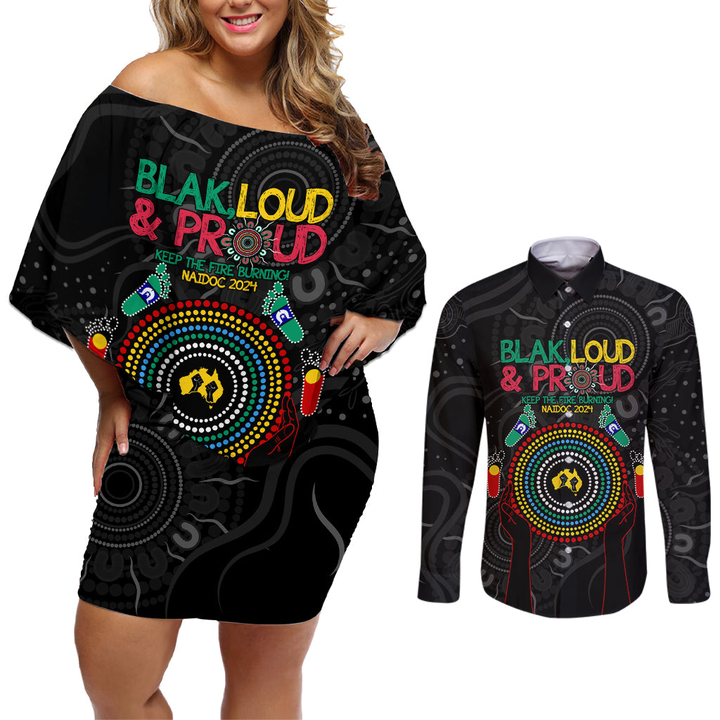 Blak Loud and Proud NAIDOC 2024 Couples Matching Off Shoulder Short Dress and Long Sleeve Button Shirt Indigenous Aboriginal