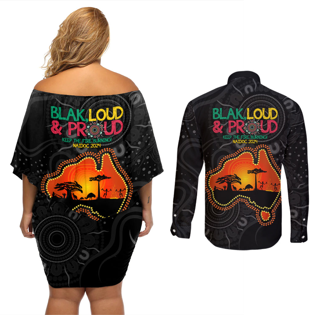 Blak Loud and Proud NAIDOC 2024 Couples Matching Off Shoulder Short Dress and Long Sleeve Button Shirt Indigenous Aboriginal