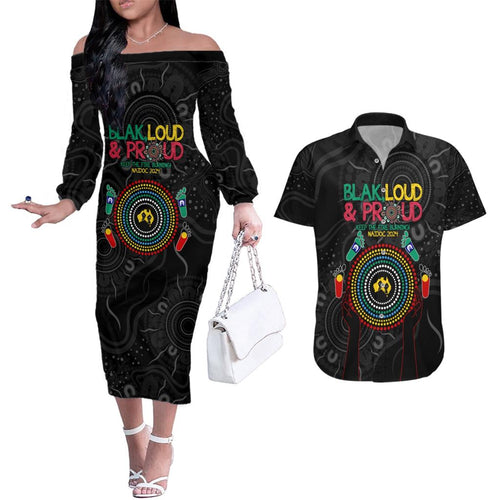 Blak Loud and Proud NAIDOC 2024 Couples Matching Off The Shoulder Long Sleeve Dress and Hawaiian Shirt Indigenous Aboriginal