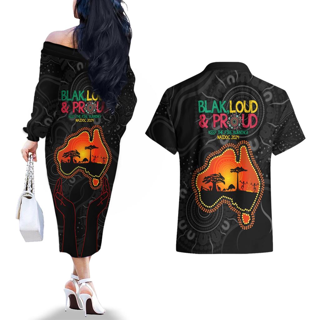 Blak Loud and Proud NAIDOC 2024 Couples Matching Off The Shoulder Long Sleeve Dress and Hawaiian Shirt Indigenous Aboriginal