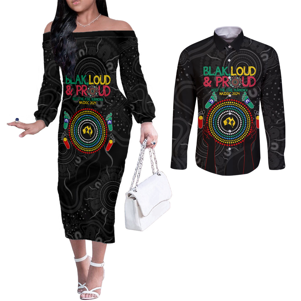 Blak Loud and Proud NAIDOC 2024 Couples Matching Off The Shoulder Long Sleeve Dress and Long Sleeve Button Shirt Indigenous Aboriginal