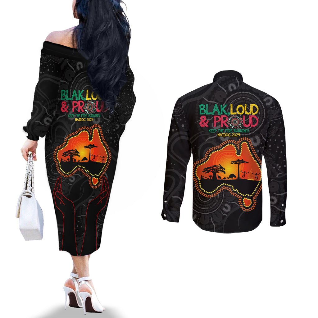 Blak Loud and Proud NAIDOC 2024 Couples Matching Off The Shoulder Long Sleeve Dress and Long Sleeve Button Shirt Indigenous Aboriginal