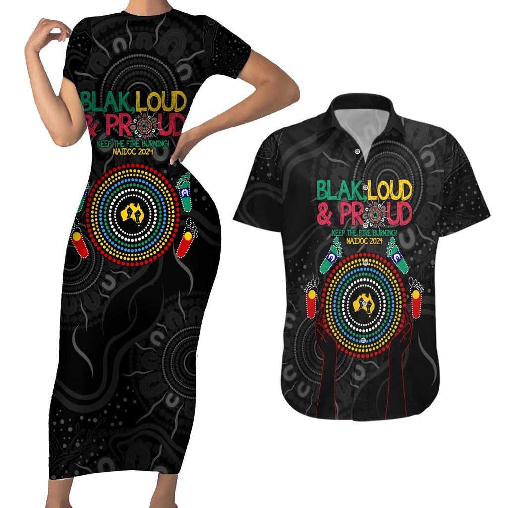 Blak Loud and Proud NAIDOC 2024 Couples Matching Short Sleeve Bodycon Dress and Hawaiian Shirt Indigenous Aboriginal