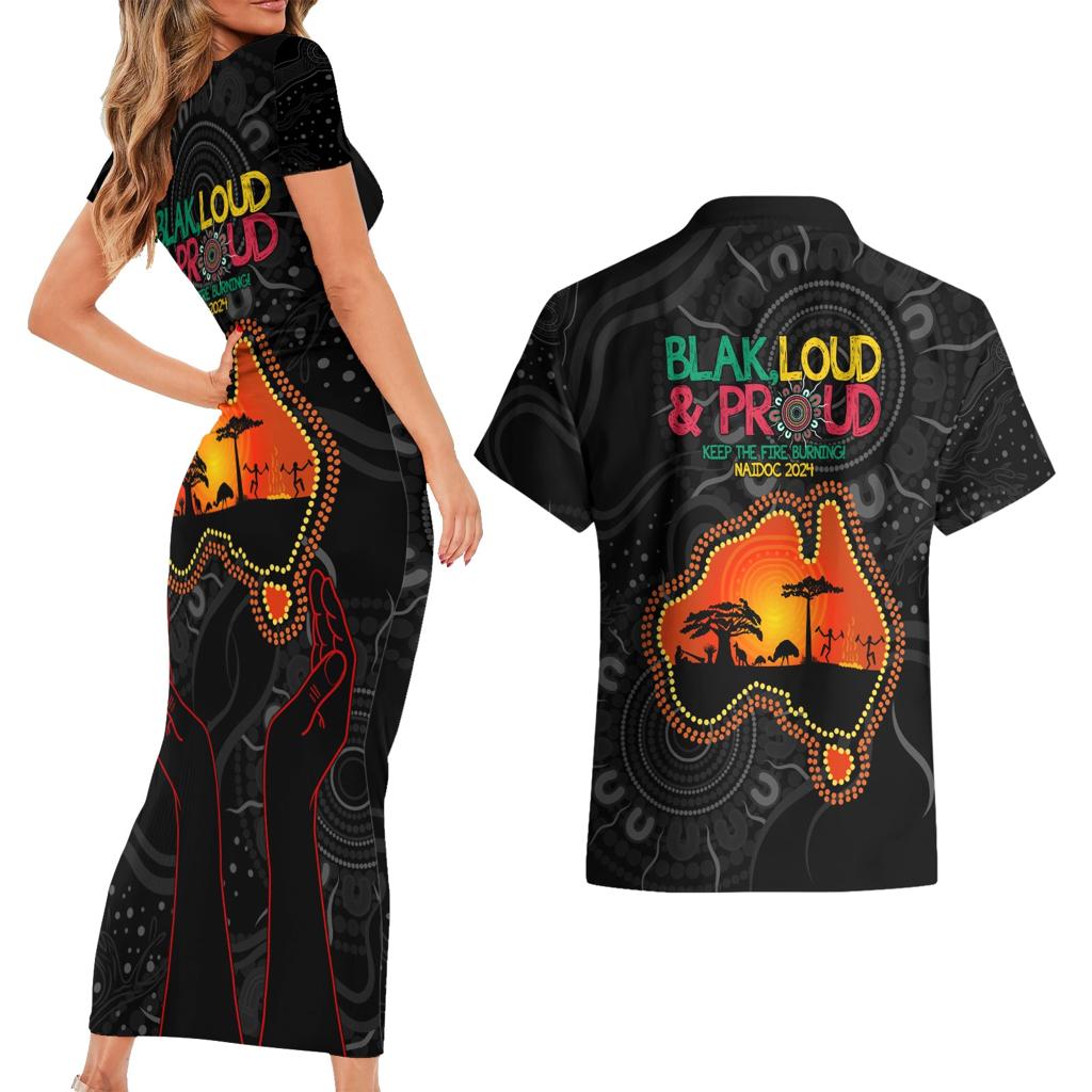 Blak Loud and Proud NAIDOC 2024 Couples Matching Short Sleeve Bodycon Dress and Hawaiian Shirt Indigenous Aboriginal