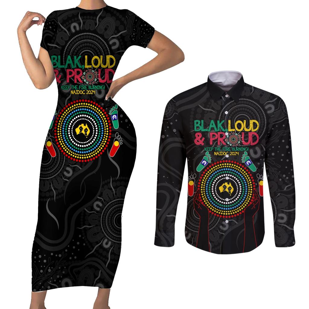 Blak Loud and Proud NAIDOC 2024 Couples Matching Short Sleeve Bodycon Dress and Long Sleeve Button Shirt Indigenous Aboriginal
