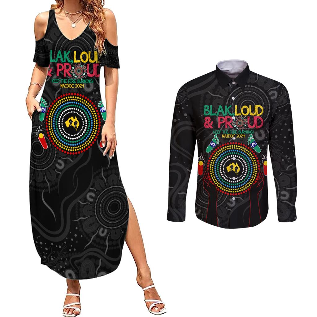 Blak Loud and Proud NAIDOC 2024 Couples Matching Summer Maxi Dress and Long Sleeve Button Shirt Indigenous Aboriginal