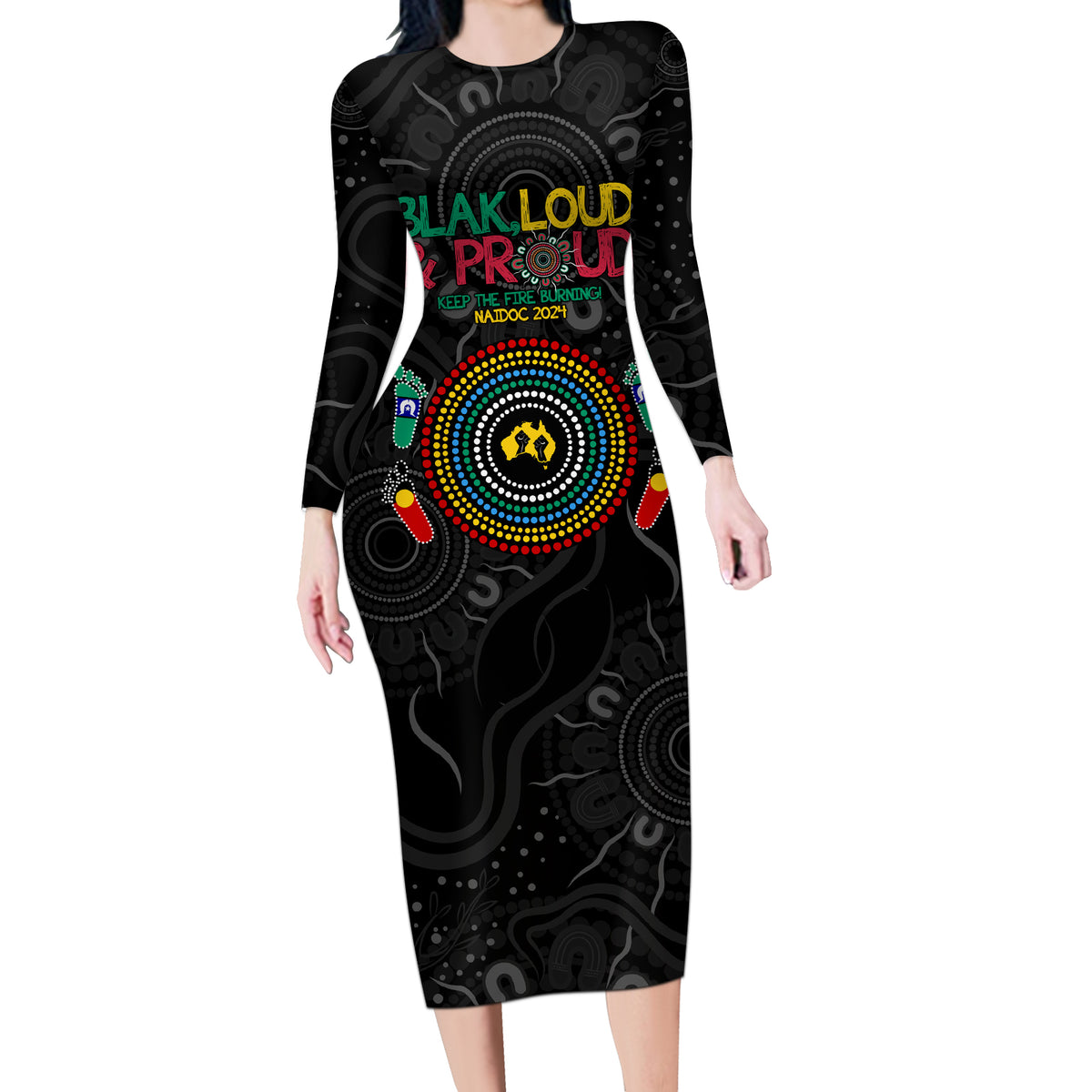 Blak Loud and Proud NAIDOC 2024 Long Sleeve Bodycon Dress Indigenous Aboriginal