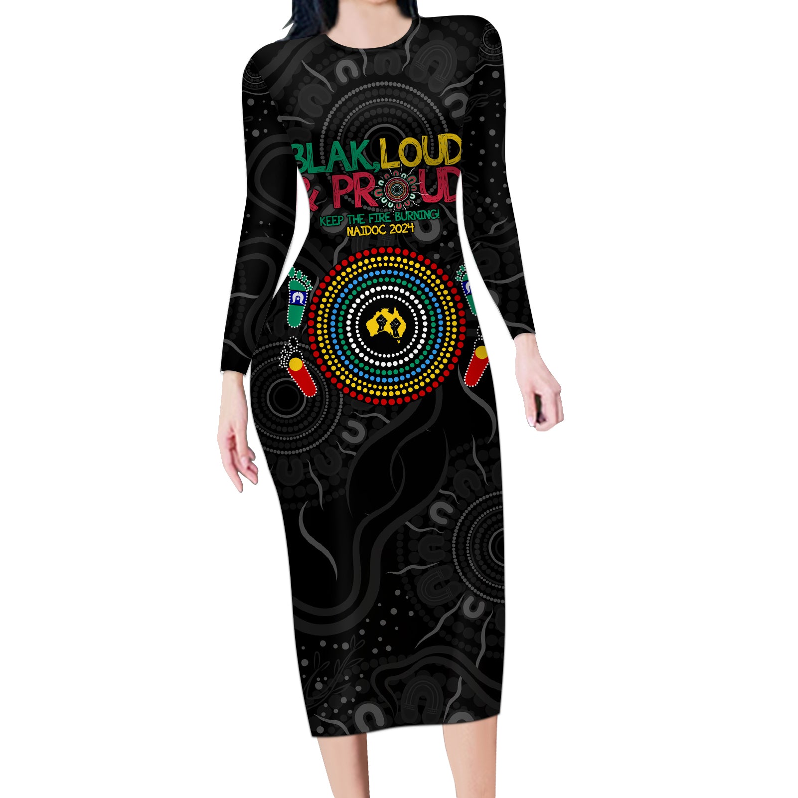 Blak Loud and Proud NAIDOC 2024 Long Sleeve Bodycon Dress Indigenous Aboriginal